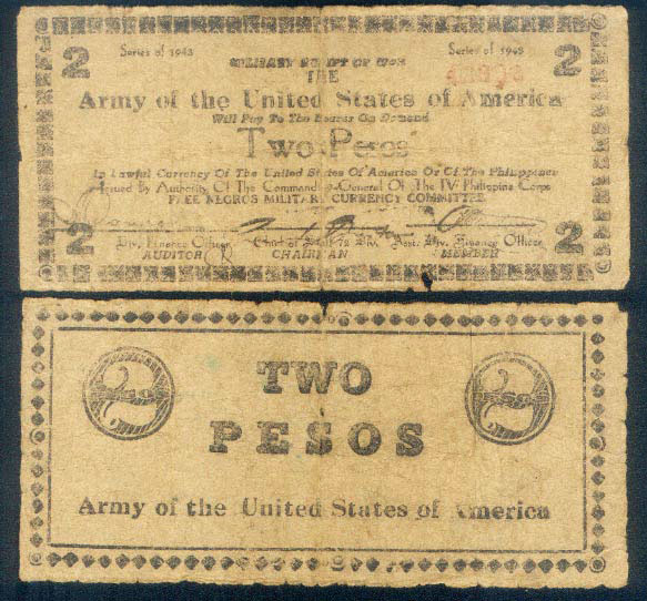 ARMY of the UNITED STATES of AMERICA 2 PESOS of 1943 PHILIPPINES NEGROS GUERILLA