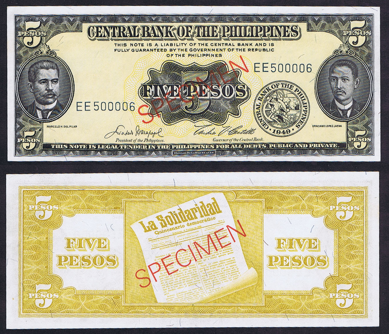 50th ANNIVERSARY SPECIMEN 5 PISOS NOTE ISSUED to COMMEMORATE USA ALIGNMENT with the PHILIPPINES