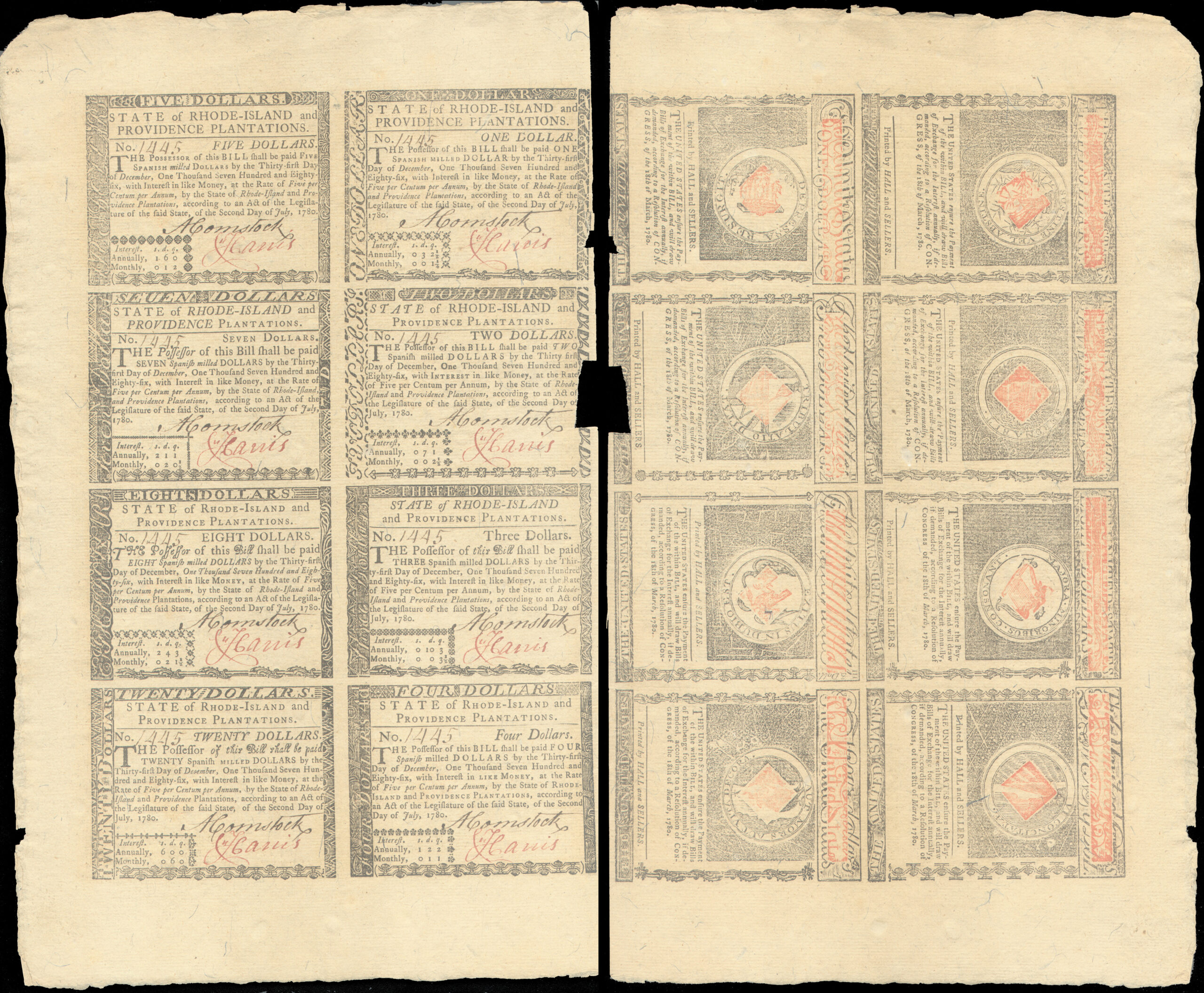 RHODE ISLAND 1780 UNCUT SHEET of 8 WATERMARKED CONFEDERATION