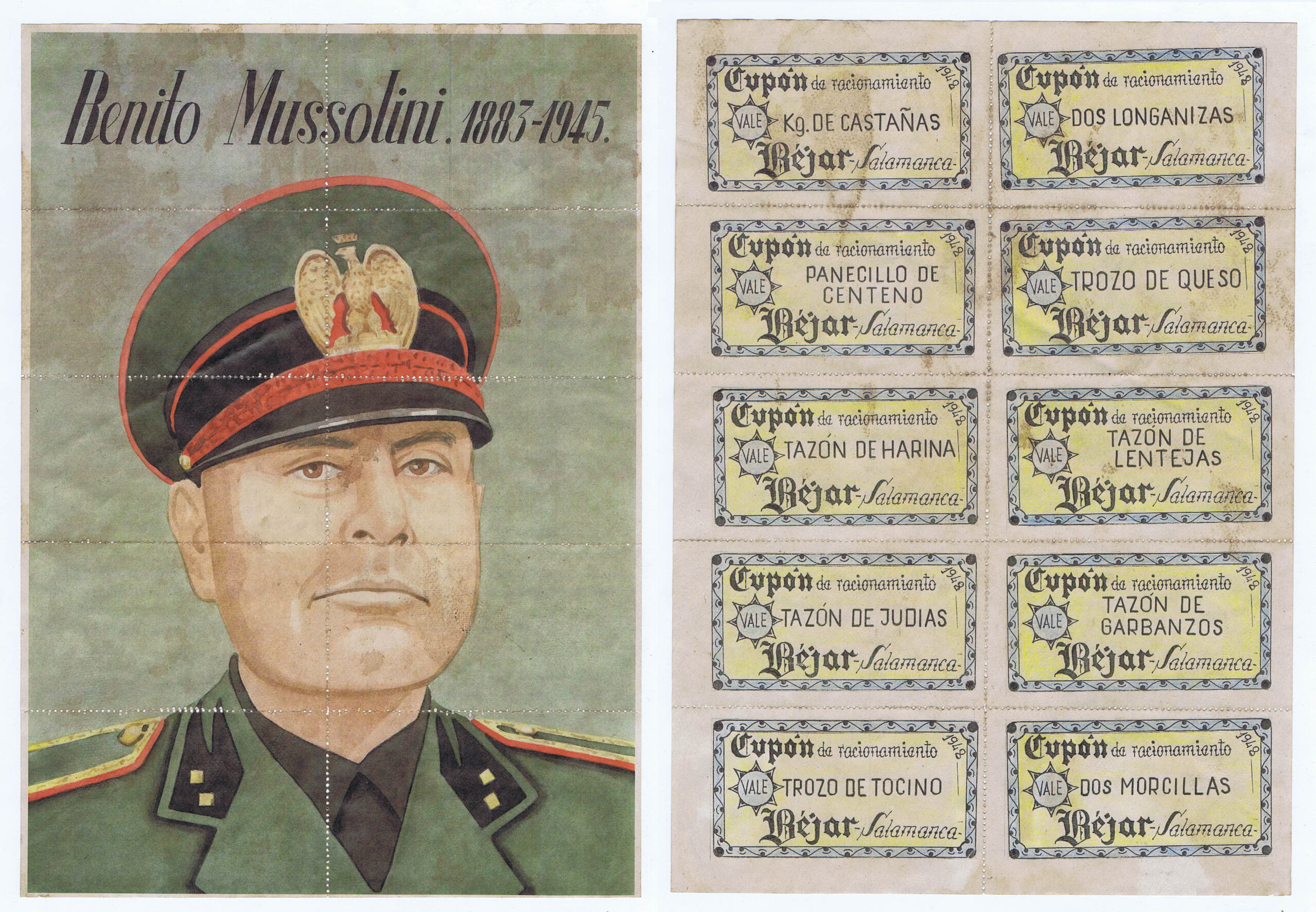 SPANISH CIVIL WAR TYPE PERFORATED RATION COUPON SHEET of 1948 with ITALY'S IL DUCE - MUSSOLINI