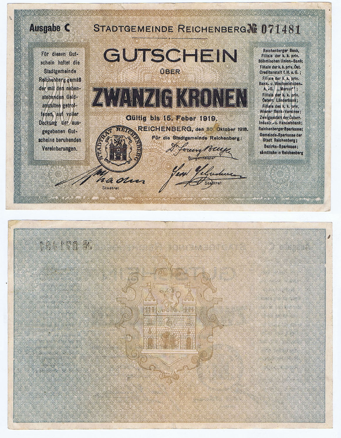 GERMAN REICHENBURG 20 KRONEN of 1918 - HITLER'S FIRST OCCUPATION