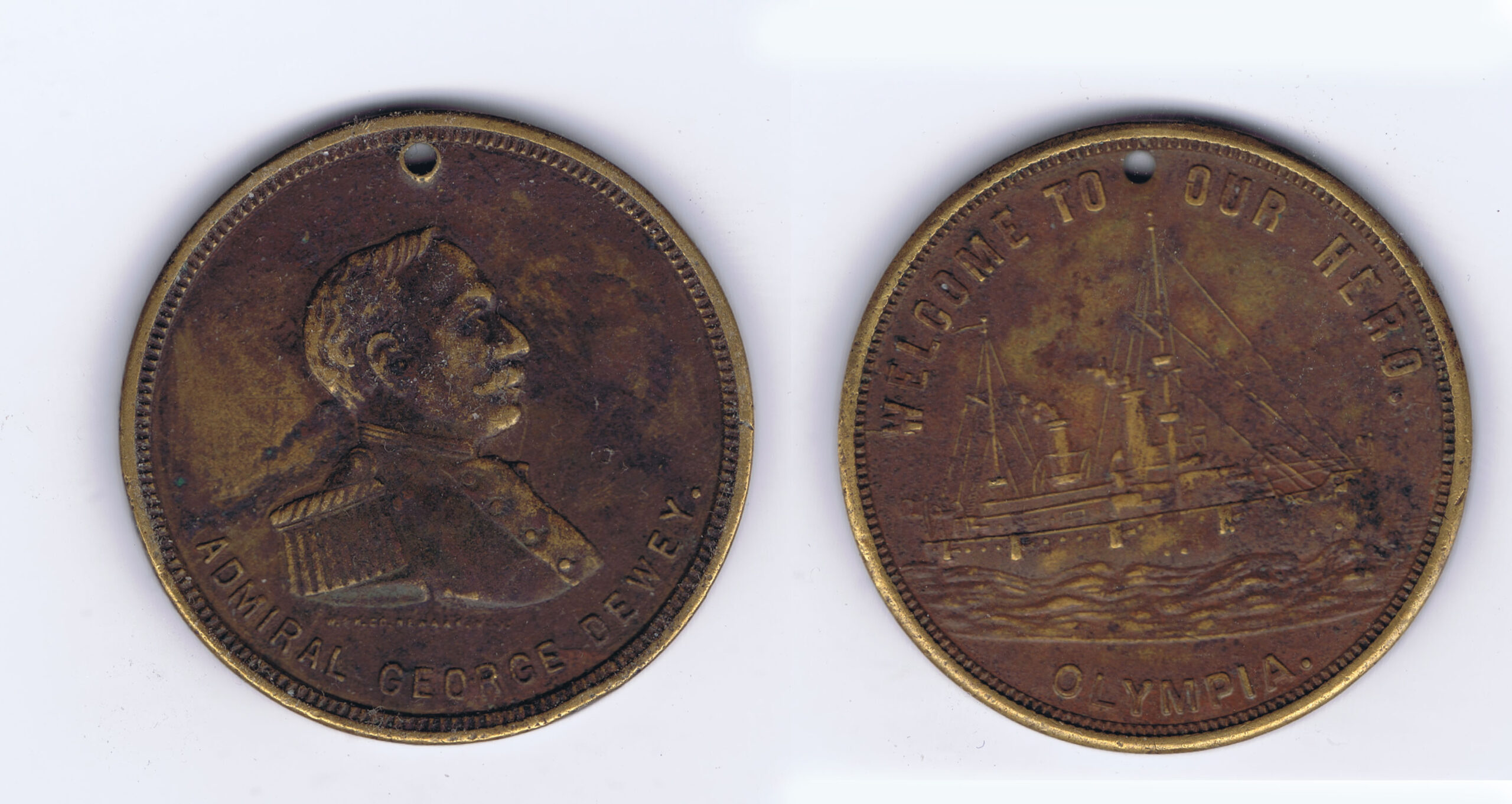 SPANISH AMERICAN WAR PHILIPPINES HERO MEDAL - ADMIRAL GEORGE DEWEY & USS OLYMPIA