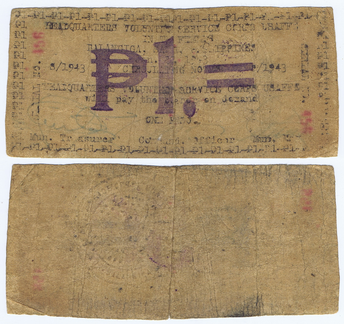 UNITED STATES ARMY FORCES in the FAR EAST; TOWN of BALANGIGA in SAMAR PROVINCE, PHILIPPINES - 1st ISSUE ONE PESO DATED JANUARY 11, 1943