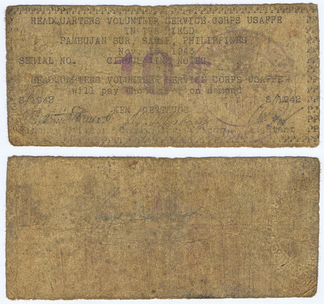 WRONG DATE ERROR - UNITED STATES ARMY FORCES in the FAR EAST; TOWN of PAMBUJAN SUR in SAMAR PROVINCE, PHILIPPINES - 10 CENTAVOS DATED NOVEMBER 15, 1943, INSTEAD of 1942