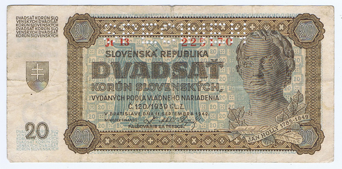 SLOVAKIA 20 KORUN BANK NOTE of WORLD WAR II - 1942 PUNCHED SPECIMEN