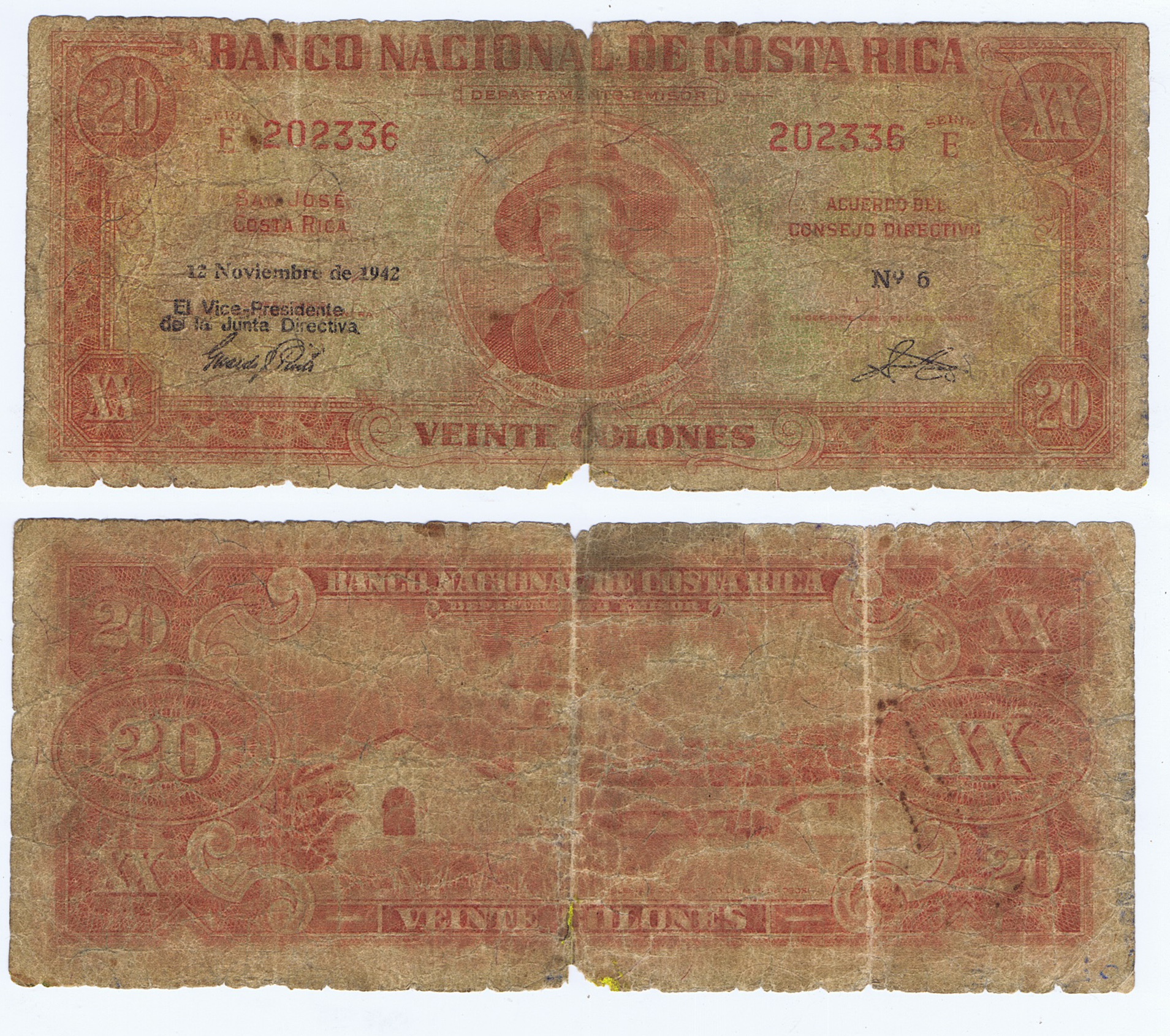 COSTA RICA BANCO NACIONAL WAR DATE 1942 with JUAN DE CAVALLON