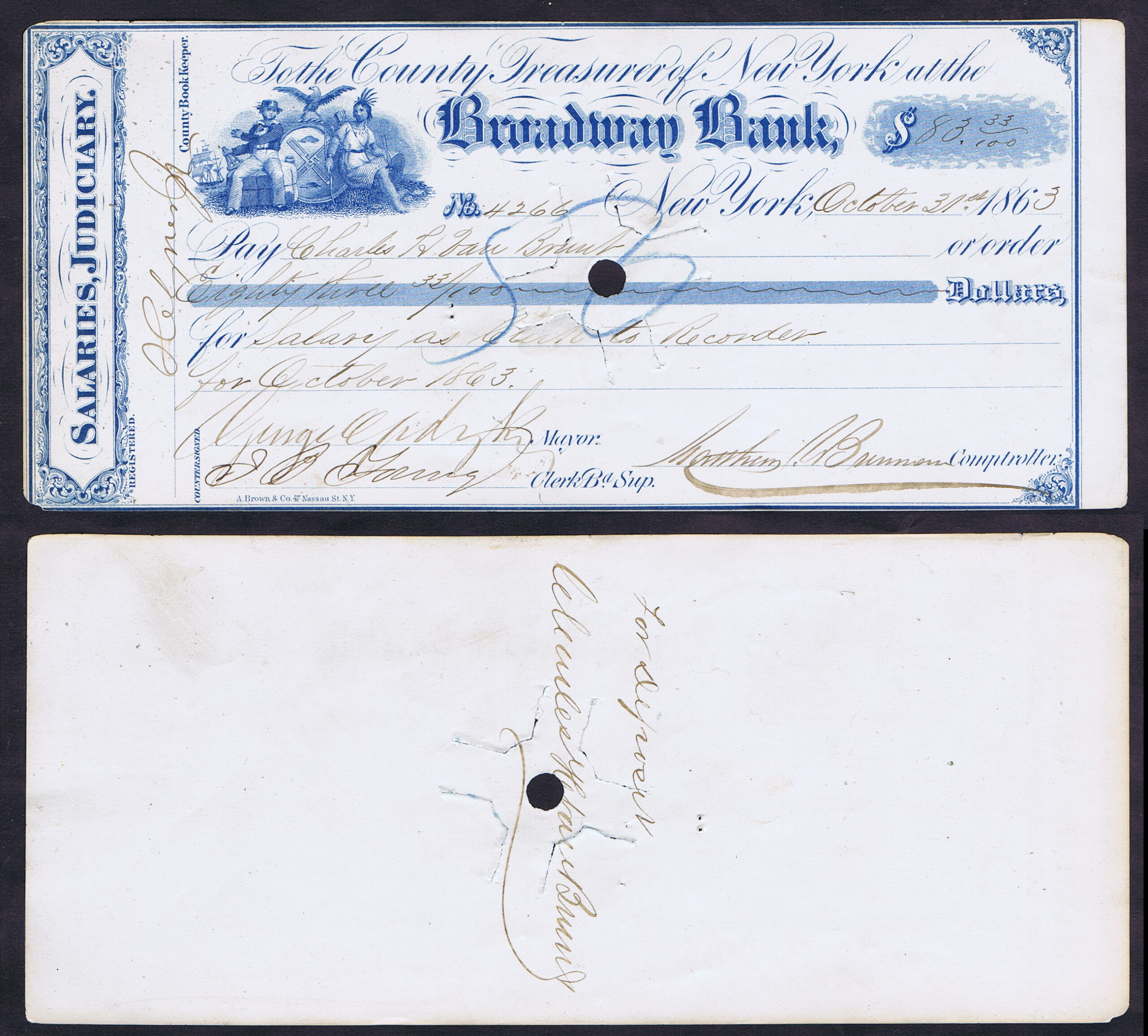 BROADWAY BANK of NEW YORK CIVIL WAR ERA (1863) CHECK PUNCHED