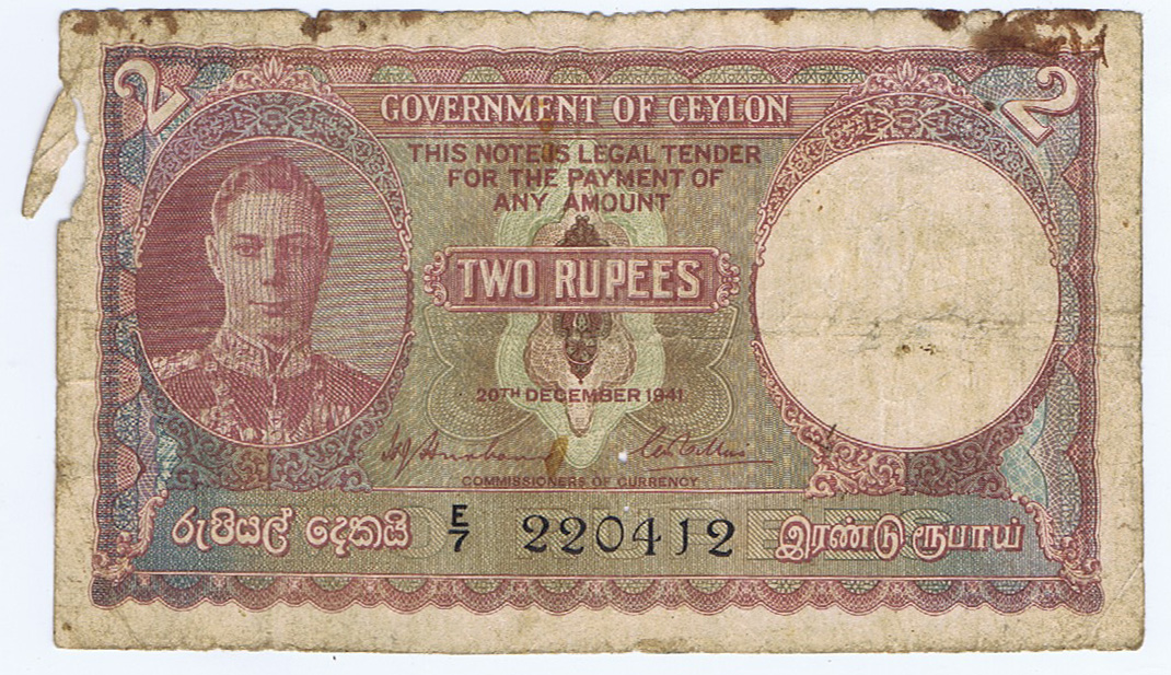CEYLON, BRITAIN’S WWII RUBBER SOURCE & GATEWAY to INDIA 2 RUPEES MONEY NOTE of 1941 with KING GEORGE VI