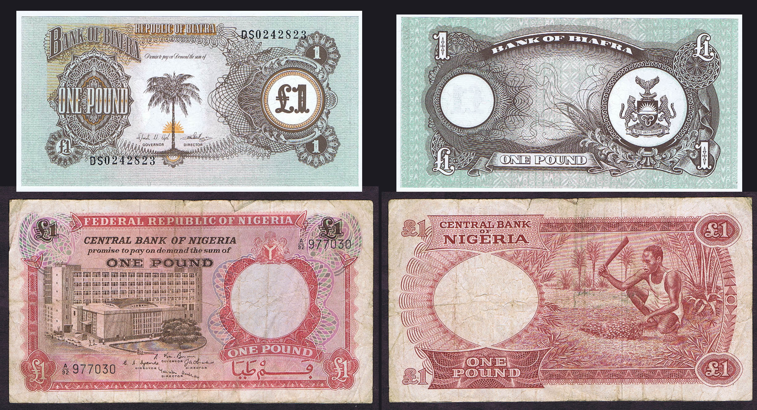 SAME YEAR / SAME DENOMINATION (£1) BANK NOTES of NIGERIA & BREAKAWAY REPUBLIC of BIAFRA (CIVIL WAR)