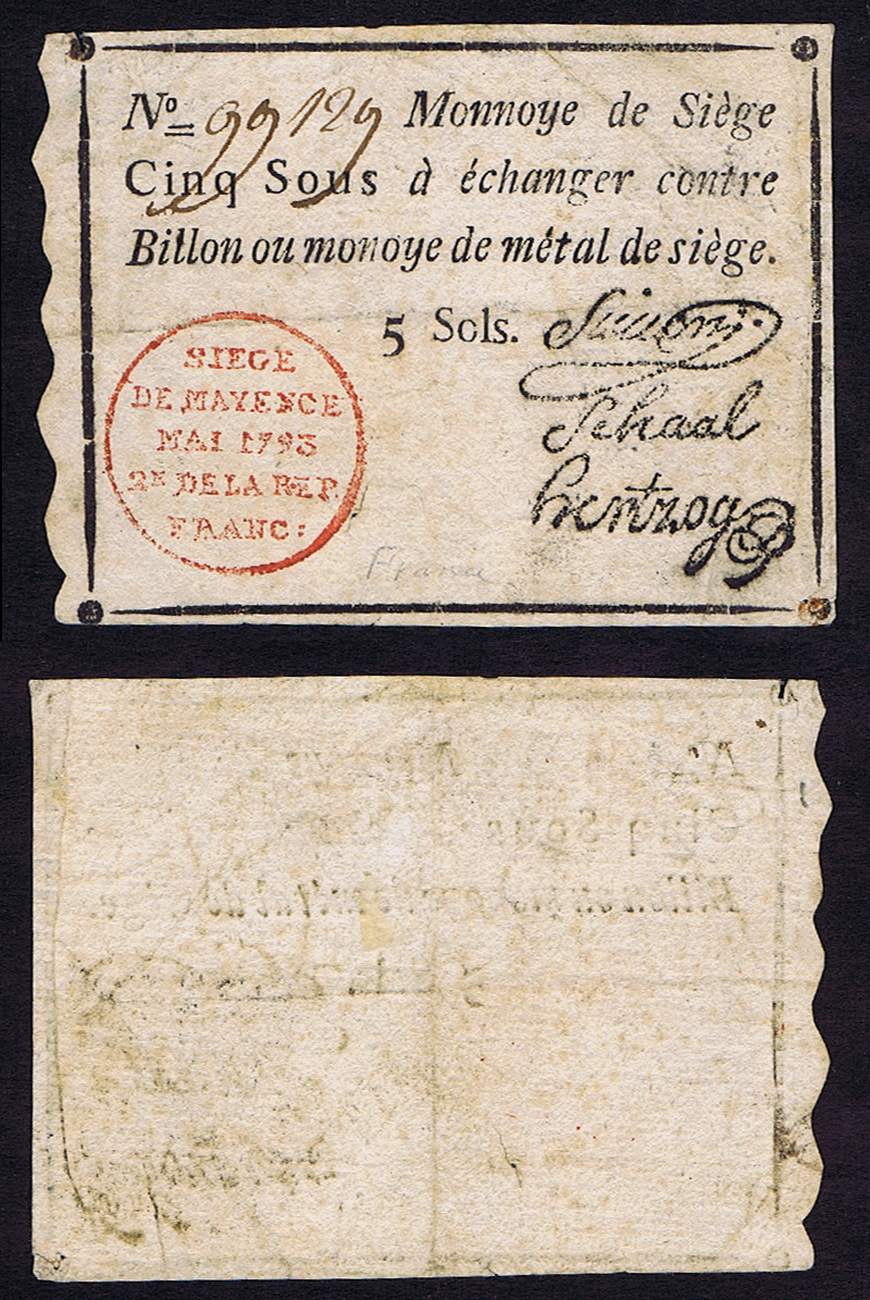 FIVE SOLS SIEGE of MAYENCE (FRENCH) / MAINZ (GERMAN) BANK NOTE of MAY 1793