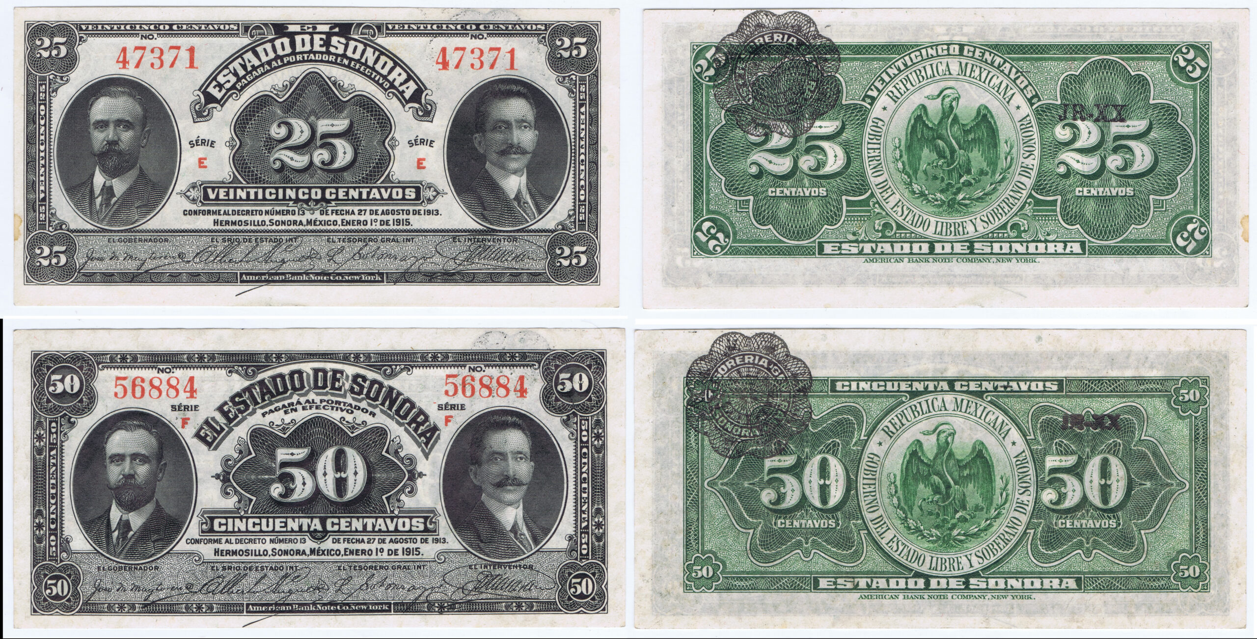 SONORA SET of 2 (25 & 50 CENTAVOS) SMALL SIZED NOTES with PORTRAITS DATED 1915