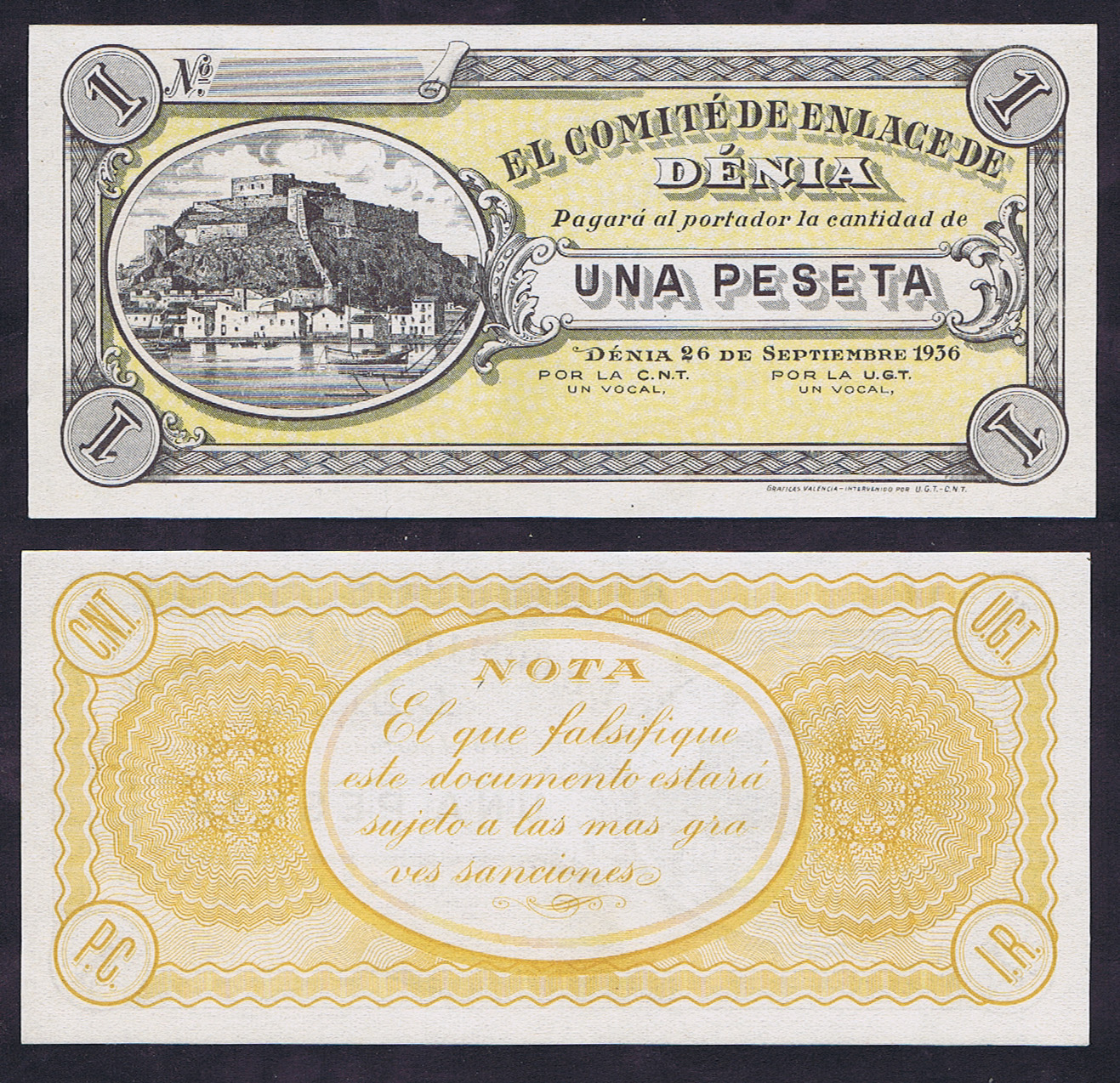 SPAINISH CIVIL WAR PESETA - DENIA 1936 UNSIGNED REMAINDER with VIGNETTE of the MARINA & FORTRESS