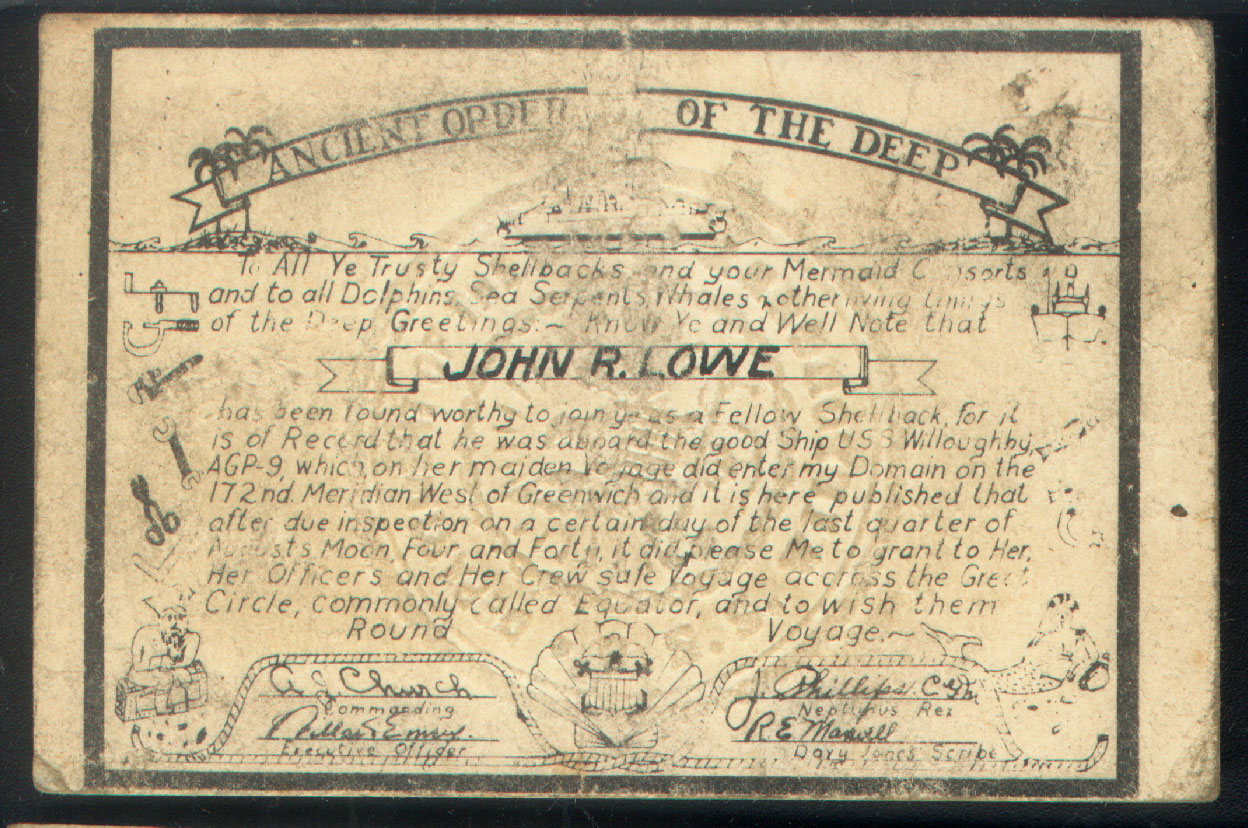 WWII ANCIENT ORDER of the DEEP CERTIFICATE NAVY U.S.S. WILLOUGHBY 1944-6