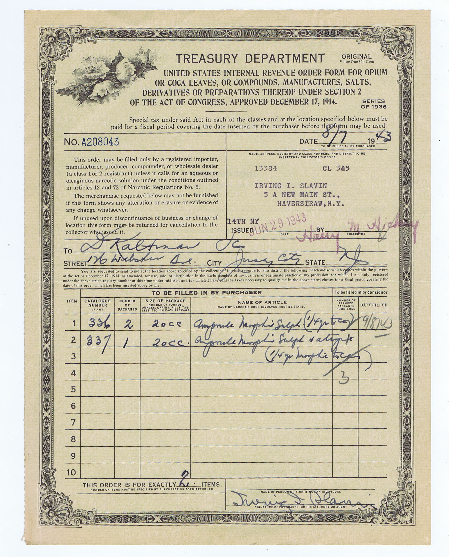 WARTIME (WWII) USA TREASURY ORIGINAL OPIUM & COCA LEAVES REVENUE FORM 1943
