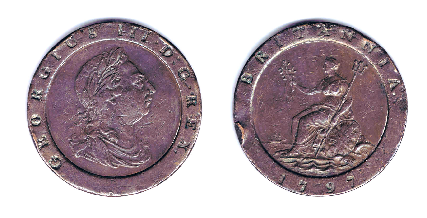1797 - COINCIDENCE of DATE; ANGLO-SPANISH WAR (PUERTO RICO) HUGE 2 PENCE COIN of the SAME DATE
