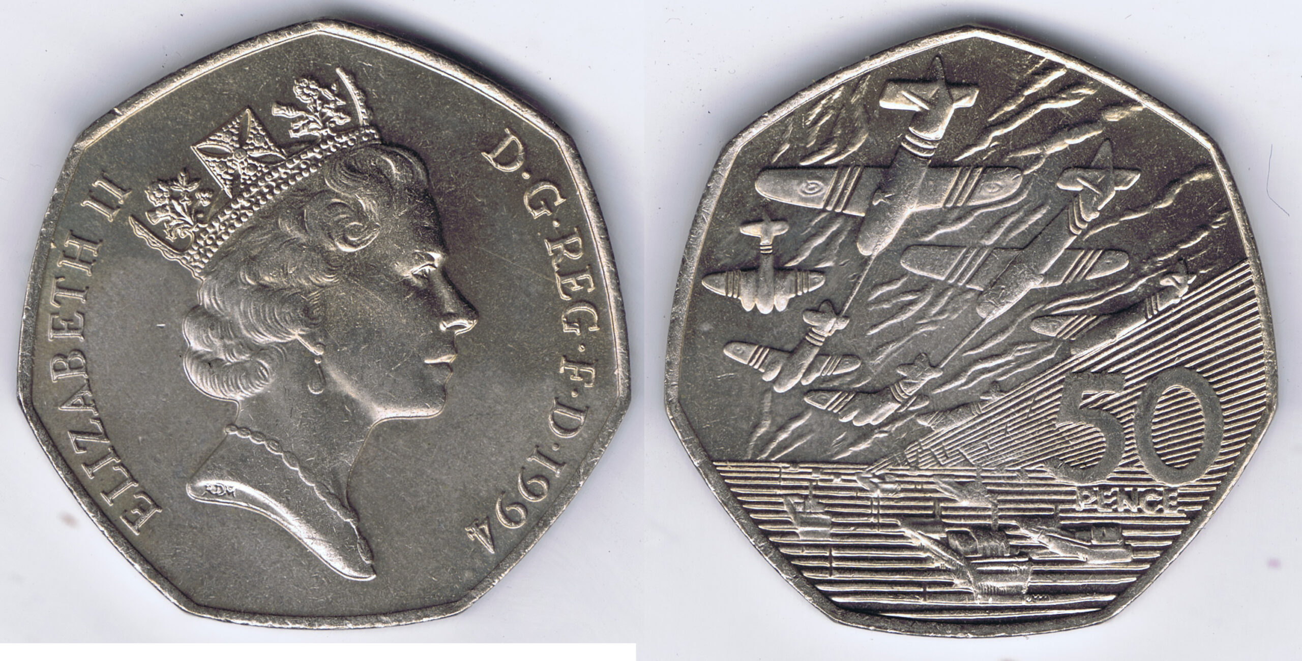 50th ANNIVERSARY of the D - DAY INVASION / 50 PENCE COIN of BRITAIN with PLANES & TROOP CARRIERS