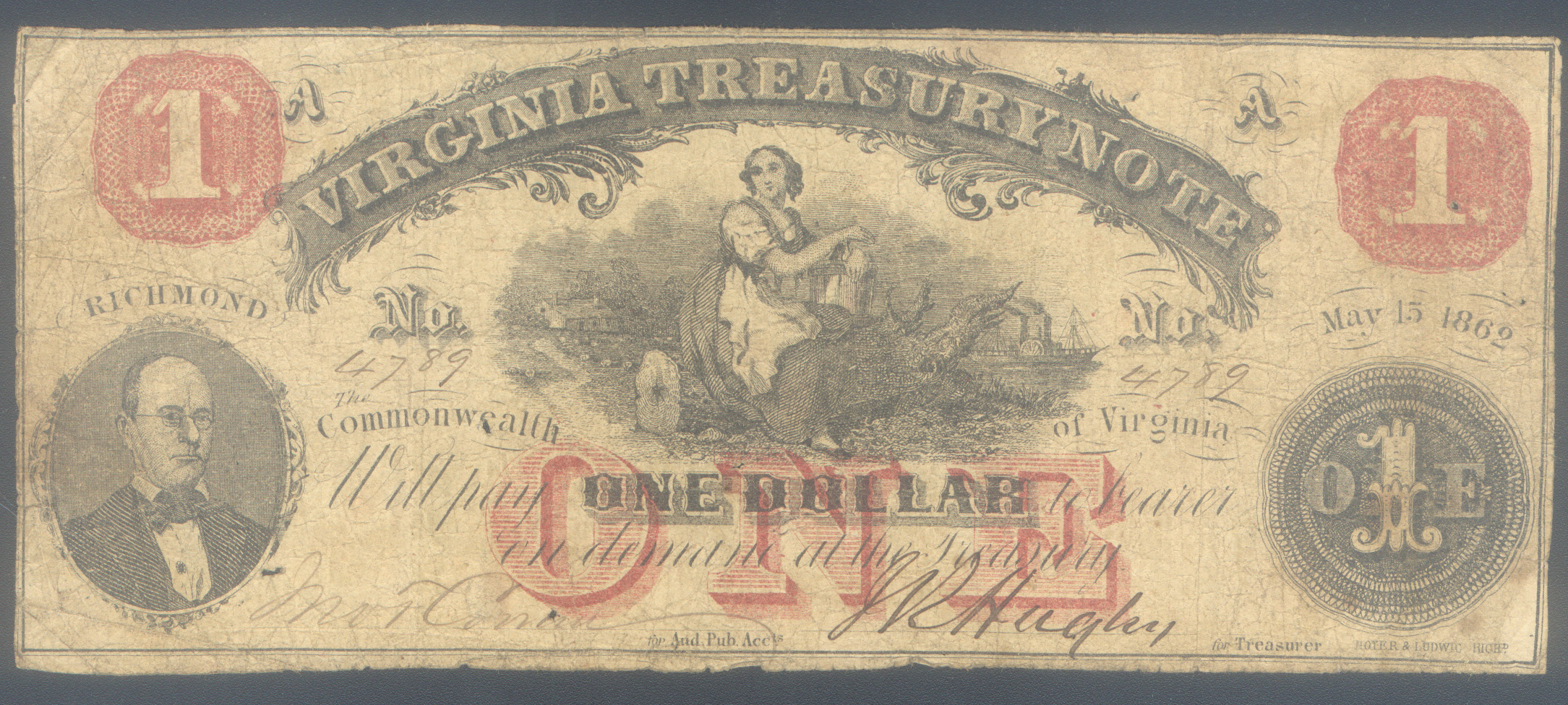 VIRGINIA (CONFEDERATE)  TREASURY NOTE $1 OF 1862