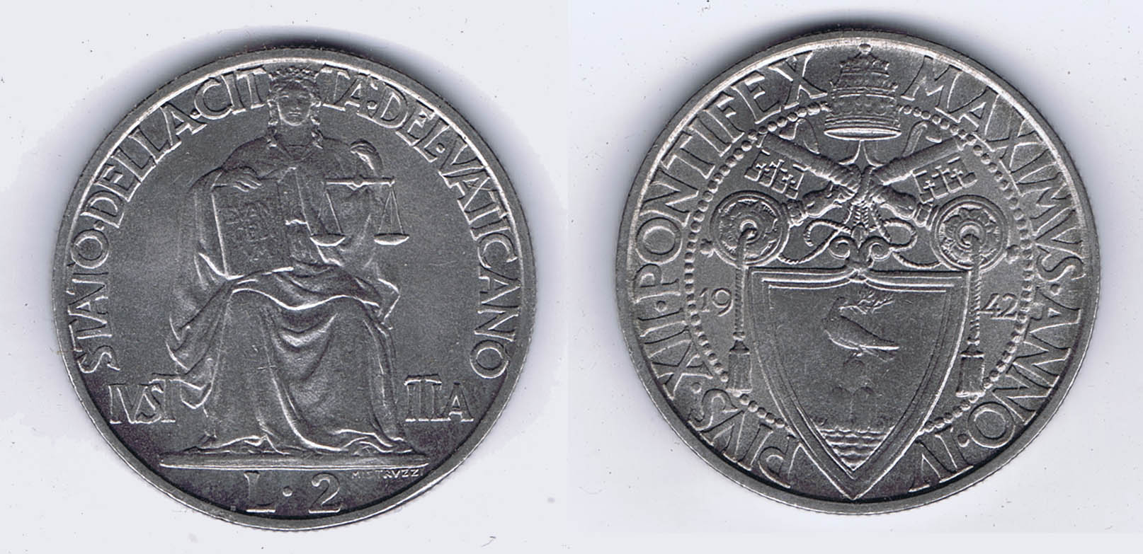 VATICAN 2 LIRE COIN of WORLD WAR II (1942) DATED to COINCIDE with POPE PIUS XII DENOUNCING (CHRISTMAS SPEECH) ETHNIC CLEANSING & EXTERMINATION