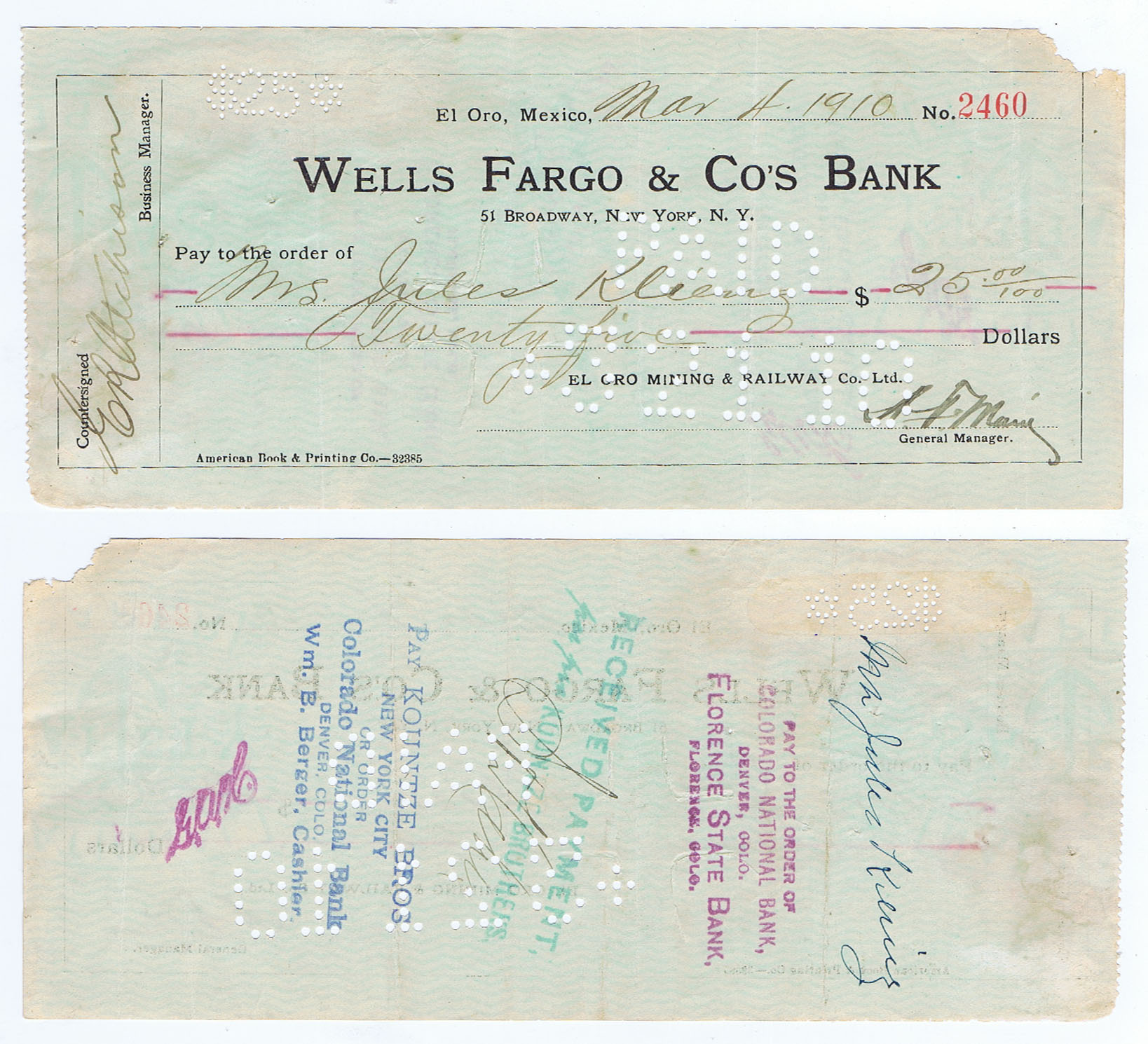 WELLS FARGO & CO'S BANK (NEW YORK) PRE-WORLD WAR I CHECK from EL ORO (the GOLD) MINING & RAILWAY CO., MEXICO.