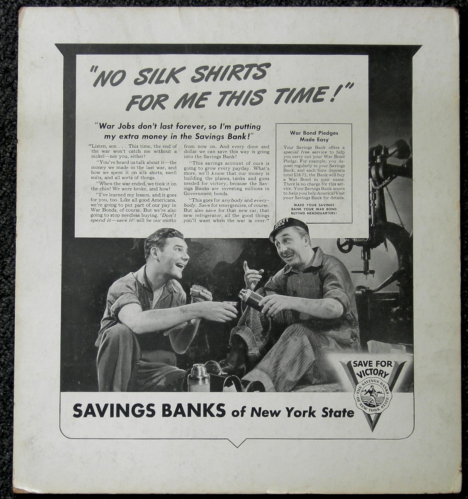 WWII SAVINGS BANKS of NEW YORK STATE "NO SILK SHIRTS FOR ME THIS TIME" WAR BOND POSTER