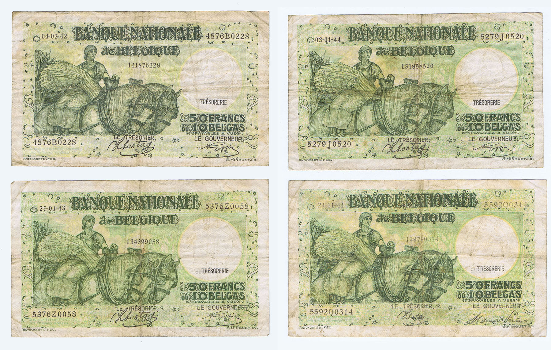 THREE BELGIUM INVASION NOTES (1942, 1943 & 1944) PLUS the SAME NOTE DATED AFTER LIBERATION