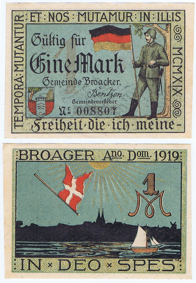 GERMAN (with FLAG RAISED) - DENMARK (with FALLING FLAG )  PLEBISCITE 1 MARK  BROACKER NOTGELD of 1919