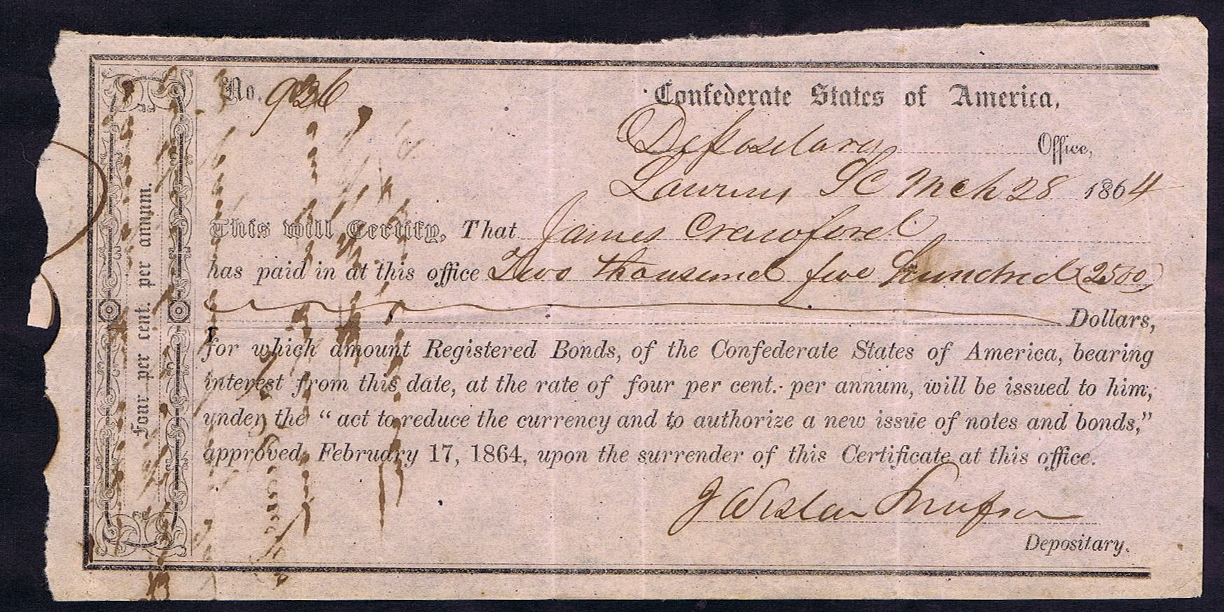 CONFEDERATE SUPPLY DEPOT DEPOSITARY EXCHANGE CERTIFICATE STAUNTON, VIRGINIA DATED 1864