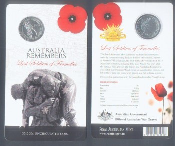 AUSTRALIA LOST SOLDIERS of FROMELLES (WORLD WAR I) COIN of 2010 CARD PACKAGED with DETAILED INFORMATION