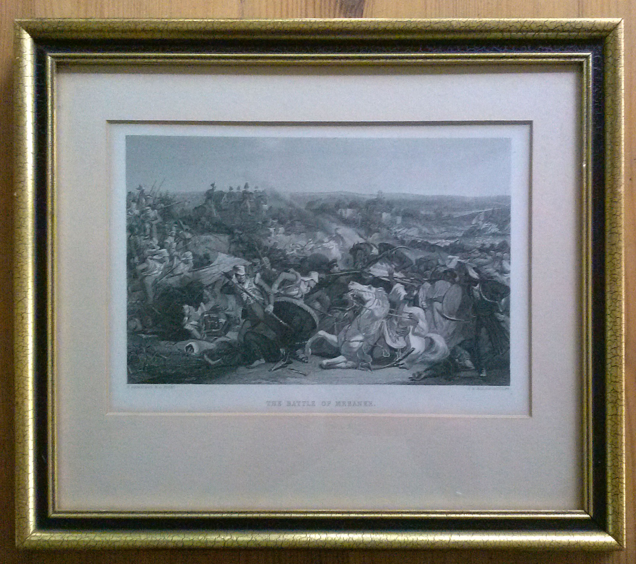 BATTLE of MEEANEE, ENGRAVED BLACK & WHITE VERSION of PAINTING by EDWARD ARMITAGE ( in the CHESHIRE MILITARY MUSEUM ), ATTRACTIVELY FRAMED IN BLACK & GOLD MOLDING