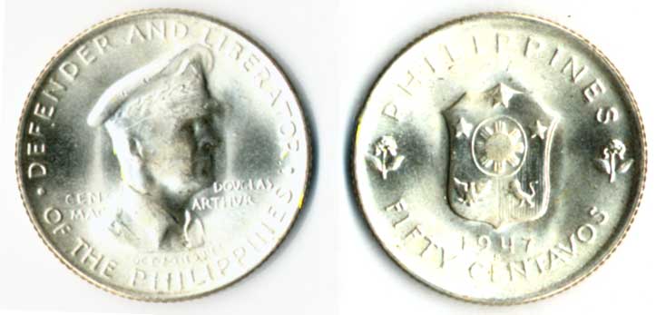 1947 PHILIPPINES VICTORY COIN in SILVER - GENERAL DOUGLAS MACARTHUR - HERO & LIBERATOR 50 CENTAVOS