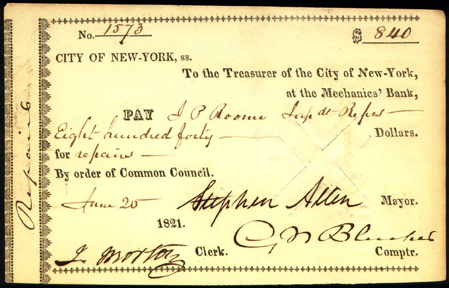 THINK IRENE or SANDY were BIG? CHECK OUT HURRICANE of 1821 - SIGNED CHECKS by NEW YORK CITY MAYOR STEPHEN ALLEN