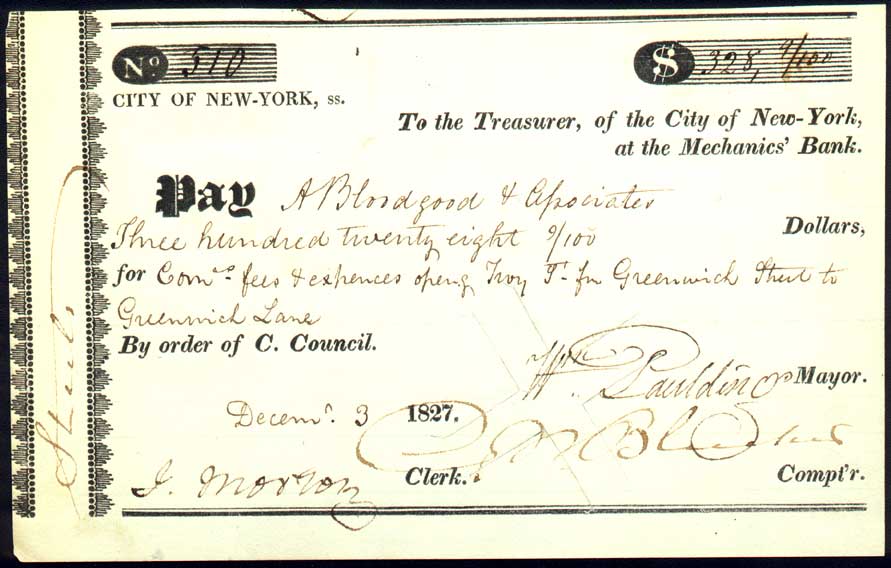 FINAL & COMPLETE END to SLAVERY in NEW YORK CITY 1827 - MAYOR PAULDING SIGNED CHECK