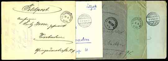GERMAN FELDPOST ( FIELD POST OFFICES ) ENVELOPES of WORLD WAR I - FIVE DIFFERENT