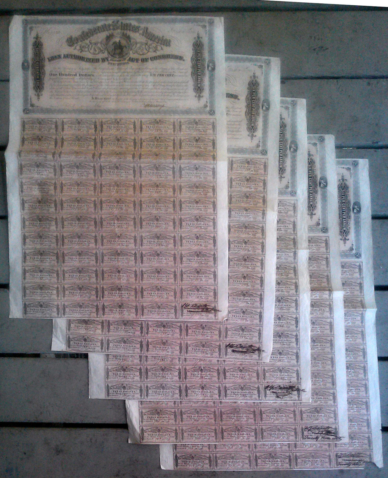 CONFEDERATE STATES of AMERICA $100 FIRST SERIES 1864 5 CONSECUTIVE BONDS