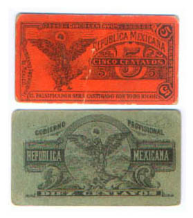 MEXICO 5 (SEATED JUSTICE - RED) & 10 CENTAVOS (STANDING JUSTICE & OVERPRINTED X - GREEN)